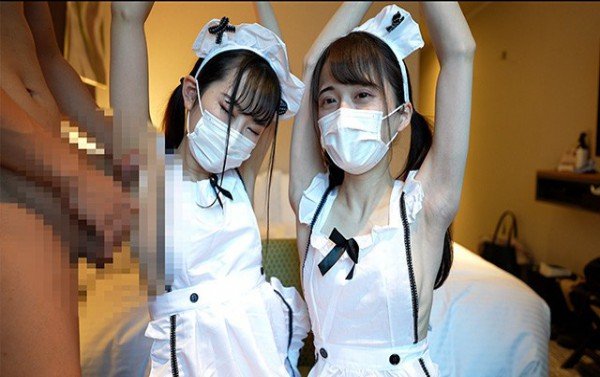 Japanese girls give a guy an armpijob and handjob in naked apron.